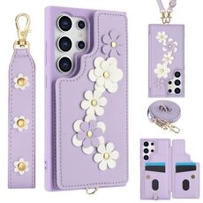 Custodia per cellulare in pelle con motivo floreale a tracolla per Samsung Galaxy S24 Ultra 5G (viola)