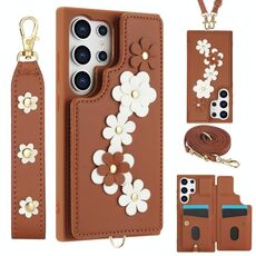 Custodia per cellulare in pelle con motivo floreale a tracolla per Samsung Galaxy S24 Ultra 5G (marrone)
