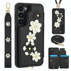 Custodia per cellulare in pelle con motivo floreale a tracolla per Samsung Galaxy S23 FE 5G (nera)