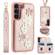 Custodia per cellulare in pelle con motivo floreale a tracolla per Samsung Galaxy S23 FE 5G (oro rosa)