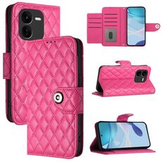 Custodia per cellulare in pelle con texture rombica per vivo iQOO Z9x con cordino (rosa rosso)