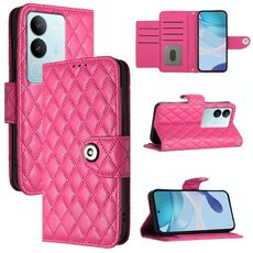 Custodia per telefono in pelle con texture rombica per vivo V29 / V29 Pro con cordino (rosa rosso)