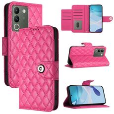 Custodia per cellulare in pelle con texture rombica per vivo V29e / Y200 / V30 Lite con cordino (rosa rosso)