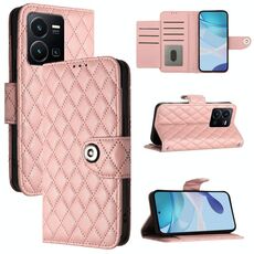 Per vivo Y35 4G / Y22s / Y22 Custodia per telefono in pelle con texture rombica con cordino (rosa corallo)