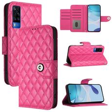 Per vivo Y51 2020 India / Y31 India Custodia per telefono in pelle con texture rombica con cordino (rosso rosa)