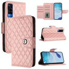 Per vivo Y53s 5G / Y51a / Y33 Custodia per telefono in pelle con texture rombica con cordino (rosa corallo)