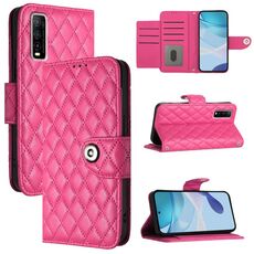 Per vivo Y70s Custodia per telefono in pelle con texture rombica con cordino (rosso rosa)