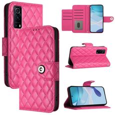 Per vivo Y72 5G / iQOO Z3 / Y52 5G Custodia per telefono in pelle con texture rombica con cordino (Rosa rossa)