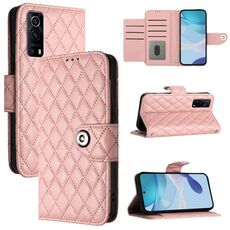 Per vivo Y72 5G / iQOO Z3 / Y52 5G Custodia per cellulare in pelle con texture rombica con cordino (rosa corallo)