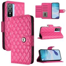 Custodia per cellulare in pelle con texture rombica per vivo Y76 5G con cordino (rosa rossa)