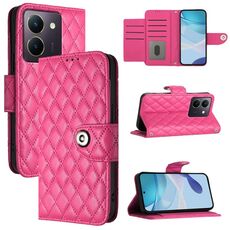 Custodia per cellulare in pelle con texture rombica per vivo Y27 5G / Y27s con cordino (rosa rosso)