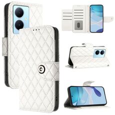 Custodia per cellulare in pelle con texture rombica per vivo Y78+ / Y78 / V29 Lite con cordino (bianca)