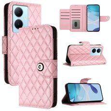Custodia per cellulare in pelle con texture rombica per vivo Y78+ / Y78 / V29 Lite con cordino (rosa)