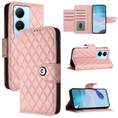 Per vivo Y78+ / Y78 / V29 Lite Custodia per telefono in pelle con texture rombica con cordino (rosa corallo)