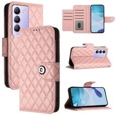Per vivo T3 5G IDN / V40 SE Custodia per telefono in pelle con texture rombica con cordino (rosa corallo)