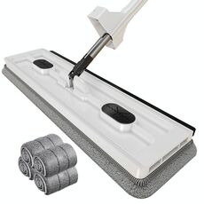Mocio piatto per uso domestico da 42 cm, per la pulizia della cucina, detergente per pavimenti pigri, stile: bianco + 4 salviette