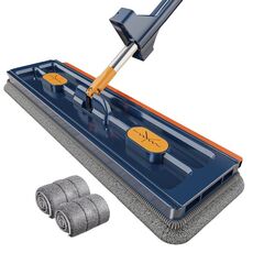 Mocio piatto per uso domestico da 42 cm, per la pulizia della cucina, detergente per pavimenti pigri, stile: blu+2 salviette