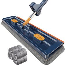 42cm Mocio piatto per la casa senza mani, per la pulizia della cucina, per pavimenti pigri, stile: blu + 4 salviette