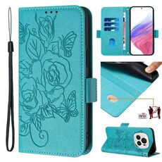 Per Honor Magic6 Pro 5G Custodia in pelle antifurto RFID con motivo a rosa in rilievo (azzurro chiaro)