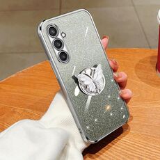 Per Samsung Galaxy S23 FE 5G Custodia per telefono in TPU con supporto a farfalla con glitter sfumato placcato (Argento)