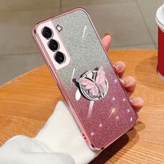 Custodia per telefono in TPU con supporto a farfalla con glitter sfumato placcato per Samsung Galaxy S22+ 5G (rosa)