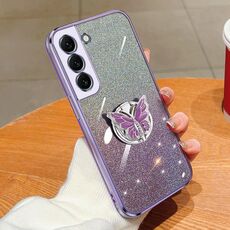 Custodia per telefono in TPU con supporto a farfalla con glitter sfumato placcato per Samsung Galaxy S22+ 5G (viola)