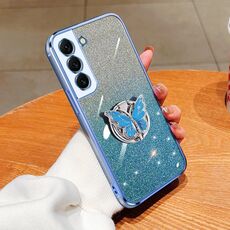 Per Samsung Galaxy S22+ 5G Custodia per telefono in TPU con supporto a farfalla con glitter sfumato placcato (blu Sierra)