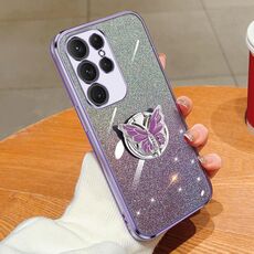 Per Samsung Galaxy S22 Ultra 5G Custodia per telefono in TPU con supporto a farfalla con glitter sfumato placcato (viola)