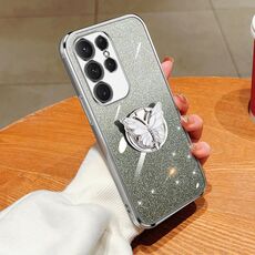 Per Samsung Galaxy S22 Ultra 5G Custodia per telefono in TPU con supporto a farfalla con glitter sfumato placcato (argento)