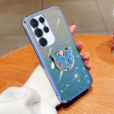 Custodia per telefono in TPU con supporto a farfalla con glitter sfumato placcato per Samsung Galaxy S22 Ultra 5G (Sierra Blue)