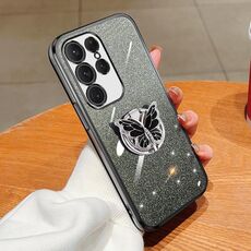 Custodia per telefono in TPU con supporto a farfalla con glitter sfumato placcato per Samsung Galaxy S22 Ultra 5G (nero)