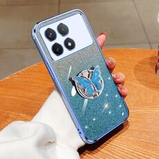Per Redmi K70 / K70 Pro Custodia per telefono in TPU con supporto a farfalla con glitter sfumato placcato (Sierra Blue)