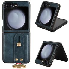 Custodia per telefono posteriore in pelle con cinturino per Samsung Galaxy Z Flip6 (blu)