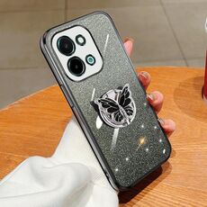 Per vivo Y28 4G Custodia per telefono in TPU con supporto a farfalla con glitter sfumato placcato (nero)