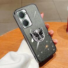 Per vivo Y18 Custodia per telefono in TPU con supporto a farfalla con glitter sfumato placcato (nero)
