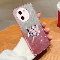 Custodia per telefono in TPU con supporto a farfalla con glitter sfumato placcato per vivo Y200i / T3X 5G (rosa)