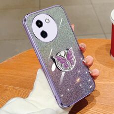 Custodia per telefono in TPU con supporto a farfalla con glitter sfumato placcato per vivo Y200i / T3X 5G (viola)