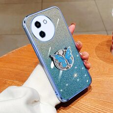 Custodia per telefono in TPU con supporto a farfalla con glitter sfumato placcato per vivo Y200i / T3X 5G (Sierra Blue)