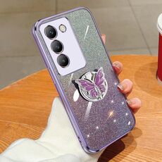 Per vivo Y100 IDN Custodia per telefono in TPU con supporto a farfalla con glitter sfumato placcato IDN (viola)