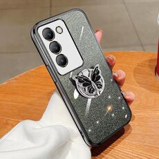 Per vivo Y100 IDN Custodia per telefono in TPU con supporto a farfalla con glitter sfumato placcato IDN (nero)