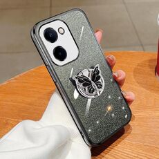 Custodia per telefono in TPU con supporto a farfalla con glitter sfumato placcato per vivo Y100i (nero)
