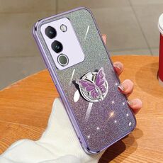 Custodia per telefono in TPU con supporto a farfalla con glitter sfumato placcato per vivo Y200 Global / V29E (viola)