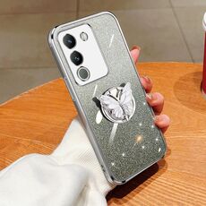 Custodia per telefono in TPU con supporto a farfalla con glitter sfumato placcato per vivo Y200 Global / V29E (Argento)