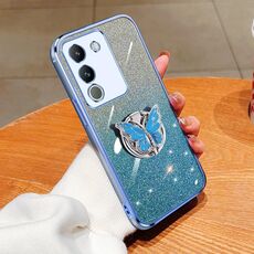 Custodia per telefono in TPU con supporto a farfalla con glitter sfumato placcato per vivo Y200 Global / V29E (Sierra Blue)