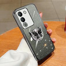 Custodia per telefono in TPU con supporto a farfalla con glitter sfumato placcato per vivo Y200 Global / V29E (nero)
