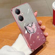 Custodia per telefono in TPU con supporto a farfalla con glitter sfumato placcato per vivo Y35+ (rosa)