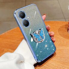 Custodia per telefono in TPU con supporto a farfalla con glitter sfumato placcato per vivo Y35+ (Sierra Blue)