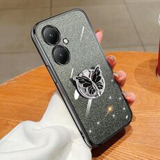 Custodia per telefono in TPU con supporto a farfalla con glitter sfumato placcato per vivo Y35+ (nero)