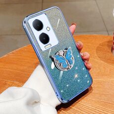 Custodia per telefono in TPU con supporto a farfalla con glitter sfumato placcato per vivo Y78+ (Sierra Blue)