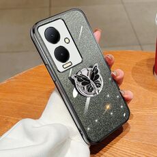 Per vivo Y78+ Custodia per telefono in TPU con supporto a farfalla con glitter sfumato placcato (nero)